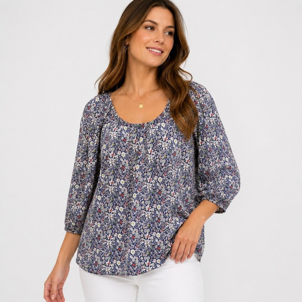 J.Crew Liberty Art Fabrics Blouse Womens S Blue Floral Cotton Peasant Top Boho
